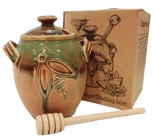 Honey Jar from GREEN STINGER TRADING, Ceramic Honey Pot with wooden dipper set